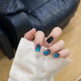Vibeficant Glaze Blue Cat Eye Press on Nails Short Square